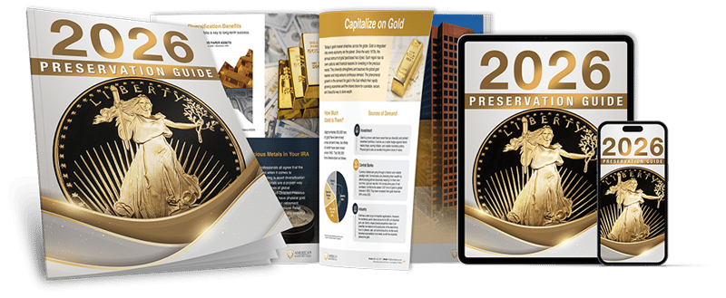 American Hartford Gold's 2026 Preservation Guide displayed across print, tablet, and mobile formats. Cover features a gold American Eagle coin with white and gold accents, alongside open interior pages showing charts, bullion images, and diversification content.
