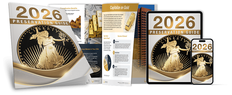 American Hartford Gold's 2026 Wealth Protection Guide displayed across print, tablet, and mobile formats. Cover features a gold American Eagle coin with white and gold accents, alongside open interior pages showing charts, bullion images, and diversification content.