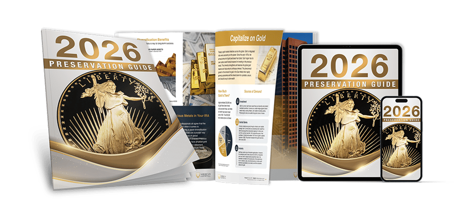 American Hartford Gold’s 2026 Information Guide displayed across print, tablet, and mobile formats. Cover features a gold American Eagle coin with white and gold accents, alongside open interior pages showing charts, bullion images, and diversification content.