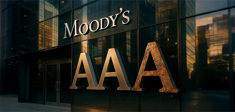 Moody’s corporate building with a crumbling, rusted third “A” in its AAA credit rating sign. The image symbolizes U.S. credit downgrade, financial instability, and loss of trust in traditional retirement systems.