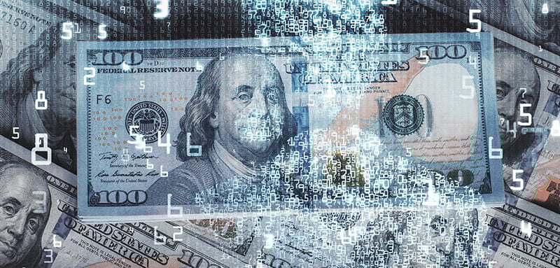 U.S. 100-dollar bills with digital numbers and pixelation, symbolizing the concept of a digital dollar and the fusion of traditional and digital currency.