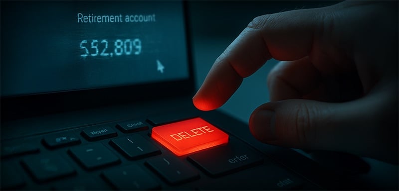 A close-up of a human finger hovering over a glowing red DELETE key on a keyboard, with a computer screen in the background showing a fading retirement account balance. The scene is dimly lit with cold, bluish tones, evoking a sense of digital threat and financial vulnerability.