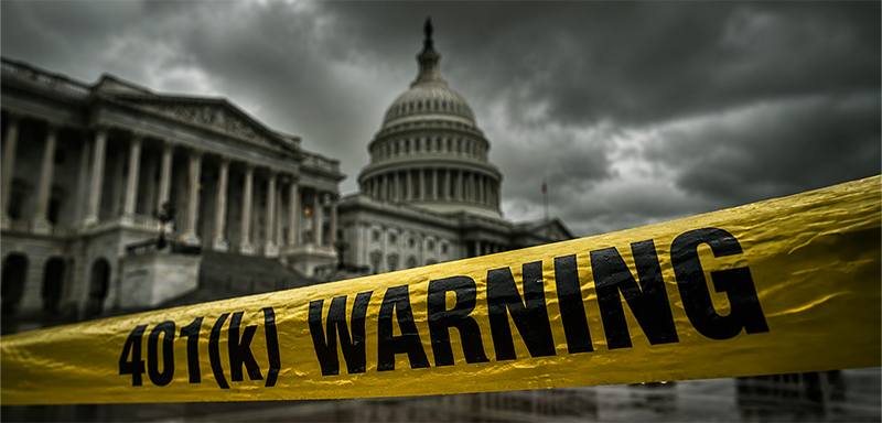 Storm clouds over the U.S. Capitol with yellow caution tape reading ?401(k) WARNING,? symbolizing election-driven volatility and potential retirement savings risk.