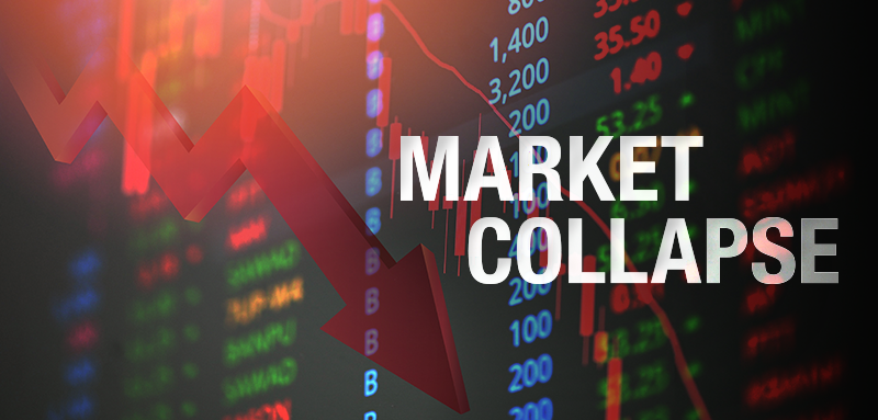 Red downward arrow and text "Market Collapse" over a background of fluctuating stock market numbers, indicating a financial downturn.