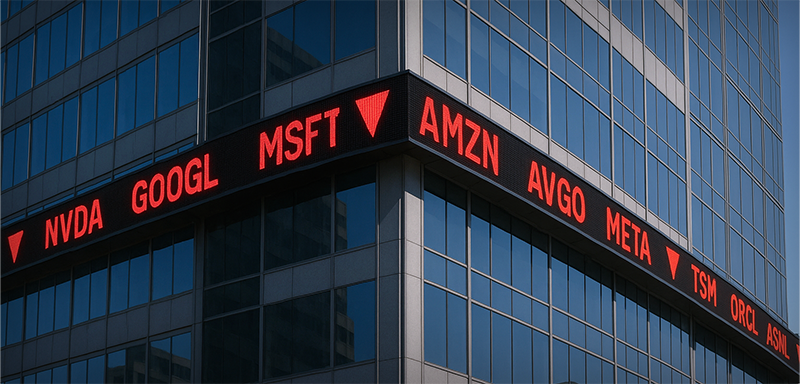 Daylight view of a glass office tower wrapped by a giant red LED stock ticker. Widely spaced symbols—NVDA, GOOGL, MSFT, AMZN, AVGO, META, TSM, ORCL—each paired with a red downward triangle, signaling an AI-heavy market selloff.