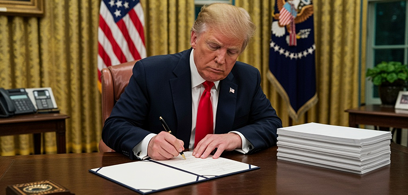 Donald Trump, dressed in a suit with a red tie, is seated at a desk in the Oval Office, signing documents. The desk has stacks of papers, a telephone, and is set against a backdrop of American flags and gold curtains.