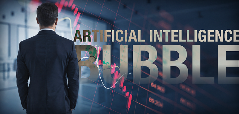 Businessman looking toward a falling market chart as concerns grow that an AI-driven stock bubble could threaten retirement savings